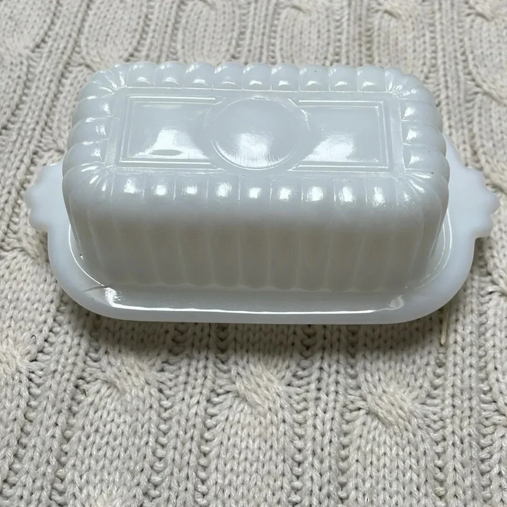Vtg Hazel Atlas half stick butterdish w/ lid White Milk glass Ribbed MCM 1950s